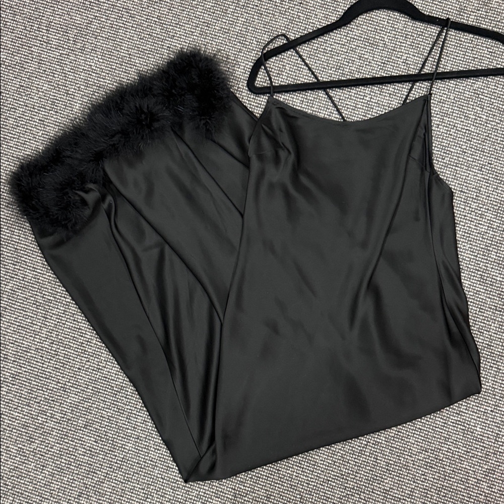 Simon miller Black Satin Marabou Trim Slip Dress